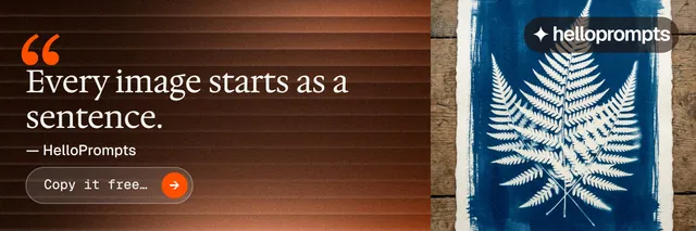 X header for HelloPrompts: "Say it like an art director." Agentic glass style, quote layout, dark palette in orange, black, grey.