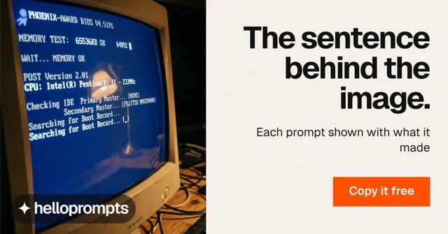 Social ad for HelloPrompts: "The sentence behind the image." Swiss style, right layout, light palette in white, blue, grey.