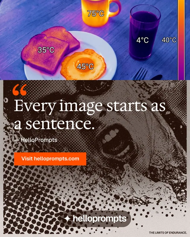 Instagram portrait post for HelloPrompts: "See the prompt. Steal the taste." Swiss style, quote layout, dark palette in grey, purple, red.