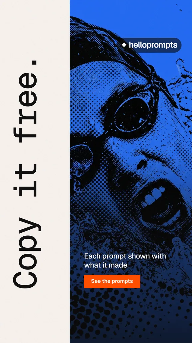 Instagram story for HelloPrompts: "Copy it free." Swiss style, vertical layout, light palette in white, black, blue.