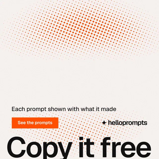 Instagram post for HelloPrompts: "The art of speaking to machines." Swiss style, oversized layout, light palette in white, orange.