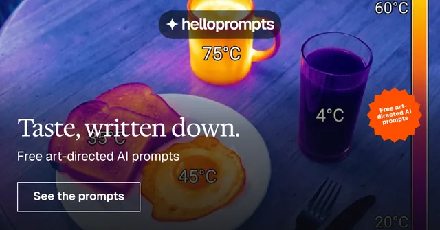 Social ad for HelloPrompts: "Taste, written down." Editorial style, sticker layout, dark palette in blue, pink, orange.
