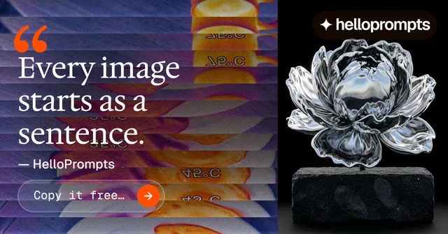 Social ad for HelloPrompts: "The sentence behind the image." Agentic glass style, quote layout, dark palette in pink, black, grey.