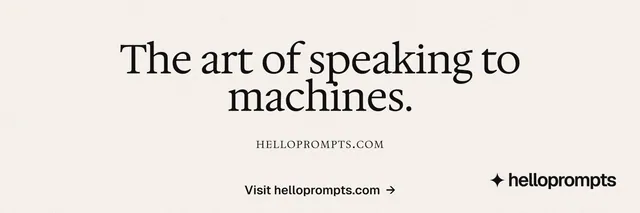 X header for HelloPrompts: "The art of speaking to machines." Swiss style, smallcaps layout, light palette in white.