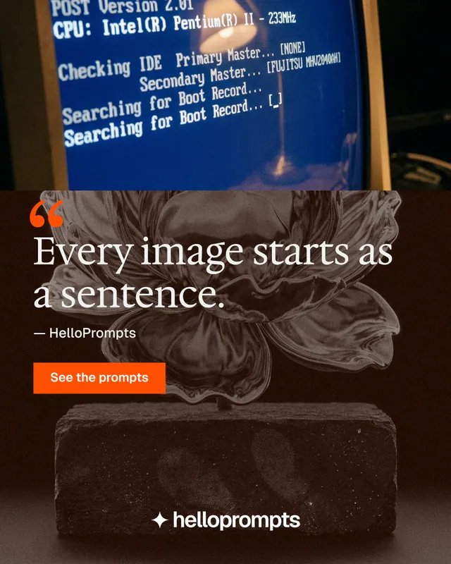 Instagram portrait post for HelloPrompts: "The sentence behind the image." Swiss style, quote layout, dark palette in black, grey.