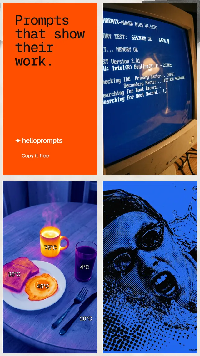 Instagram story for HelloPrompts: "Prompts that show their work." Swiss style, collage layout, dark palette in blue, red, grey.