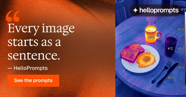 Social ad for HelloPrompts: "See the prompt. Steal the taste." Swiss style, quote layout, dark palette in red, pink, purple.