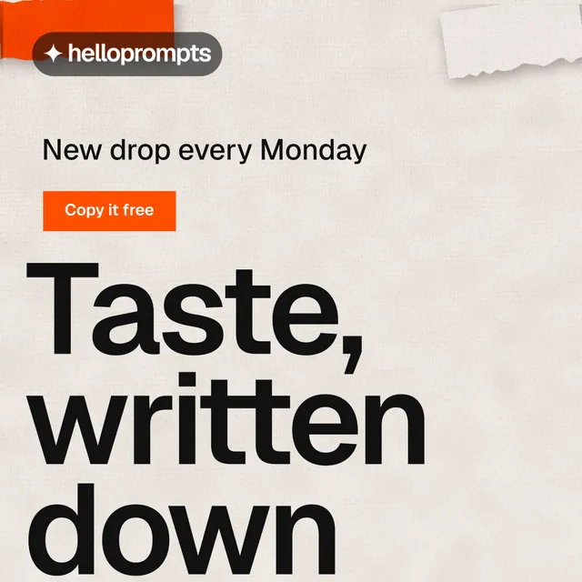 Instagram post for HelloPrompts: "Taste, written down." Swiss style, oversized layout, light palette in orange.