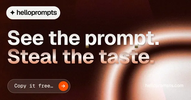 Social ad for HelloPrompts: "See the prompt. Steal the taste." Agentic glass style, poster layout, dark palette in orange, black, red.