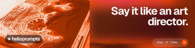 LinkedIn banner for HelloPrompts: "Say it like an art director." Agentic glass style, right layout, dark palette in orange, red.