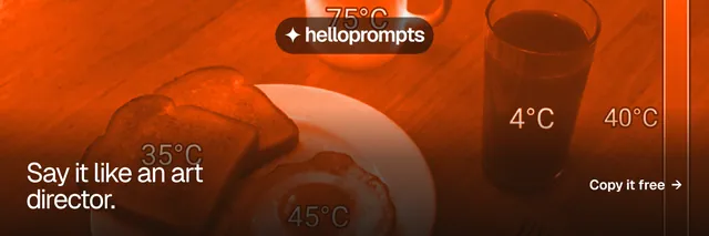 X header for HelloPrompts: "Say it like an art director." Swiss style, image led layout, dark palette in orange, brown.