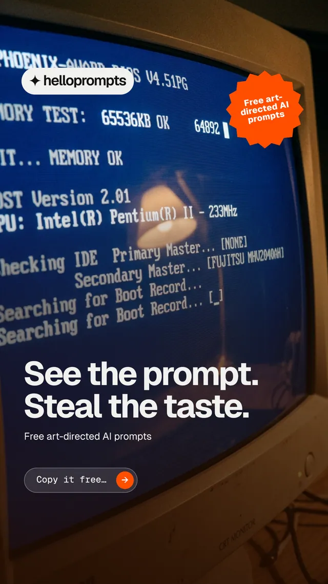 Instagram story for HelloPrompts: "See the prompt. Steal the taste." Agentic glass style, sticker layout, dark palette in black, blue, grey.