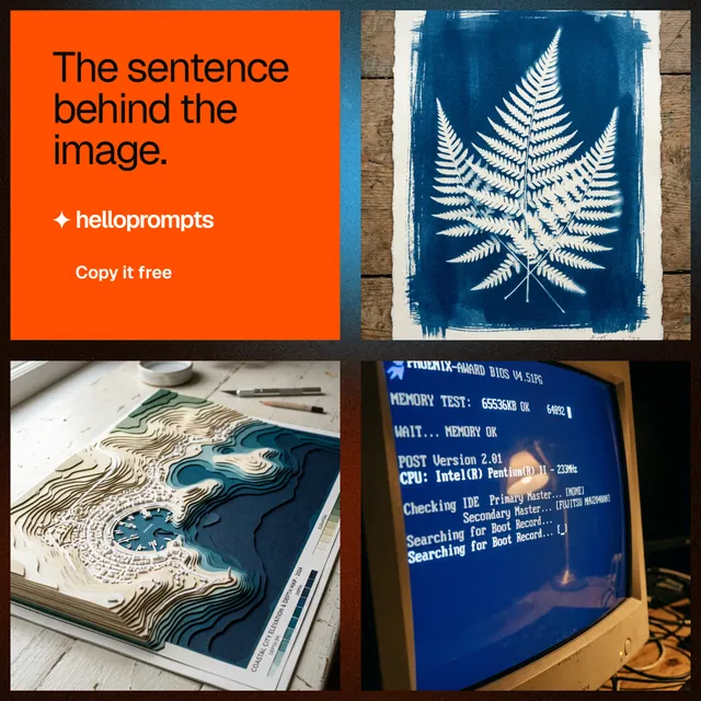 Instagram post for HelloPrompts: "The sentence behind the image." Swiss style, collage layout, dark palette in blue, brown, grey.