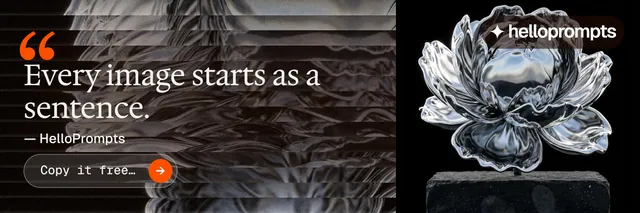X header for HelloPrompts: "The sentence behind the image." Agentic glass style, quote layout, dark palette in black, grey.