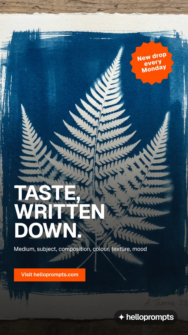 Instagram story for HelloPrompts: "Taste, written down." Swiss style, sticker layout, dark palette in grey, blue, black.