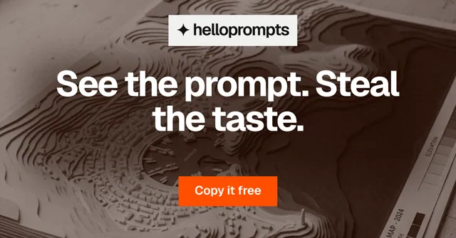 Social ad for HelloPrompts: "See the prompt. Steal the taste." Swiss style, centred layout, dark palette in black, grey, orange.