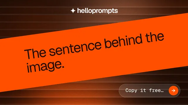 Landscape graphic for HelloPrompts: "The sentence behind the image." Agentic glass style, diagonal layout, dark palette in orange.