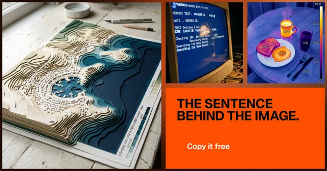 Social ad for HelloPrompts: "The sentence behind the image." Swiss style, collage layout, light palette in blue, orange, grey.