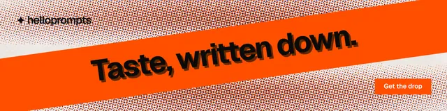 LinkedIn banner for HelloPrompts: "Taste, written down." Swiss style, diagonal layout, light palette in orange, red.