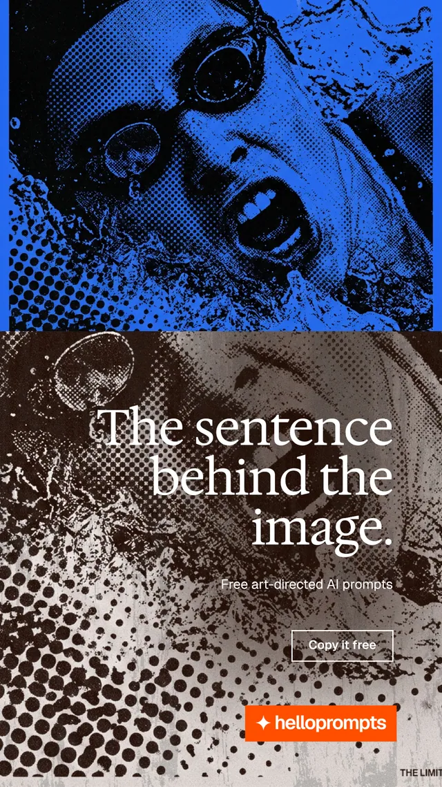 Instagram story for HelloPrompts: "The sentence behind the image." Editorial style, right layout, dark palette in grey, blue.