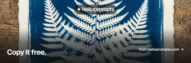 X header for HelloPrompts: "Copy it free." Split block style, image led layout, dark palette in grey, blue.