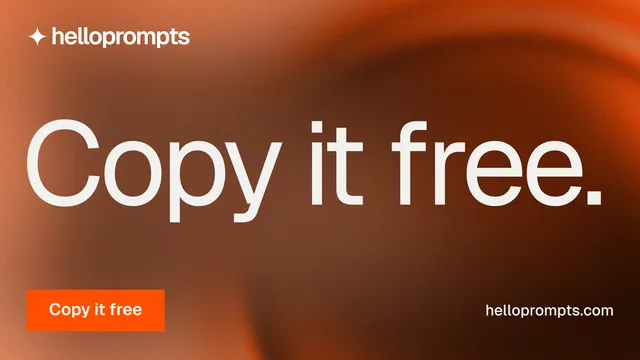 Landscape graphic for HelloPrompts: "Copy it free." Swiss style, poster layout, dark palette in orange, brown.
