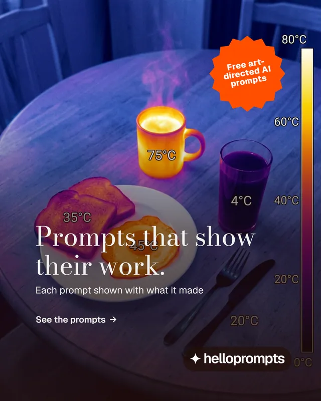 Instagram portrait post for HelloPrompts: "Prompts that show their work." Minimal luxury style, sticker layout, dark palette in purple, blue, grey.