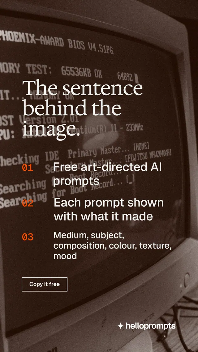 Instagram story for HelloPrompts: "The sentence behind the image." Editorial style, numbered layout, dark palette in orange, grey, black.