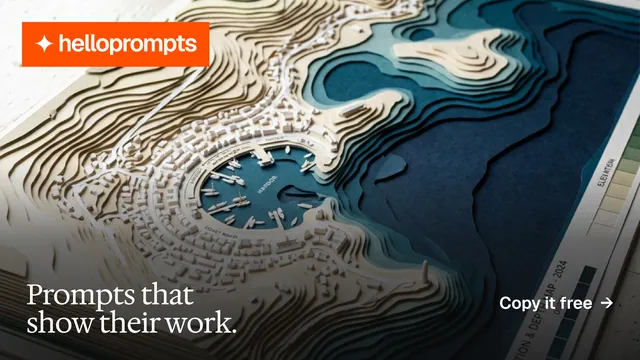 Landscape graphic for HelloPrompts: "Prompts that show their work." Editorial style, image led layout, dark palette in black, grey, orange.
