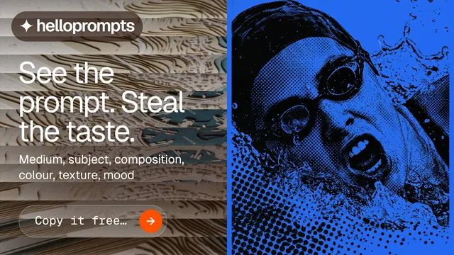 Landscape graphic for HelloPrompts: "See the prompt. Steal the taste." Agentic glass style, bottom layout, dark palette in blue, grey.