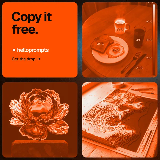 Instagram post for HelloPrompts: "Copy it free." Agentic glass style, collage layout, dark palette in orange.