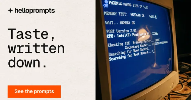 Social ad for HelloPrompts: "Taste, written down." Swiss style, bottom layout, light palette in blue, white, orange.