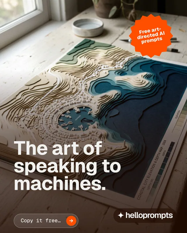Instagram portrait post for HelloPrompts: "The art of speaking to machines." Agentic glass style, sticker layout, dark palette in black, grey, orange.