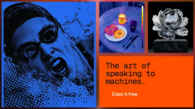 Landscape graphic for HelloPrompts: "The art of speaking to machines." Swiss style, collage layout, dark palette in blue, red, black.