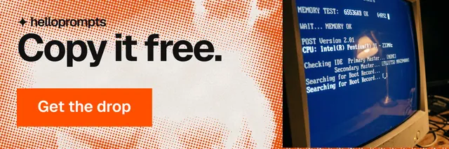 X header for HelloPrompts: "Copy it free." Swiss style, skeleton layout, light palette in orange, blue, grey.