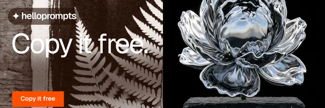 X header for HelloPrompts: "Copy it free." Swiss style, bottom layout, dark palette in black, grey, orange.