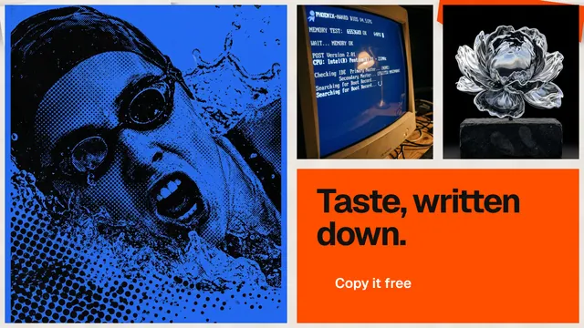 Landscape graphic for HelloPrompts: "Taste, written down." Swiss style, collage layout, dark palette in black, red, blue.