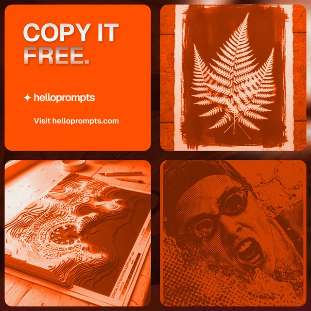 Instagram post for HelloPrompts: "Copy it free." Y2K style, collage layout, dark palette in orange.