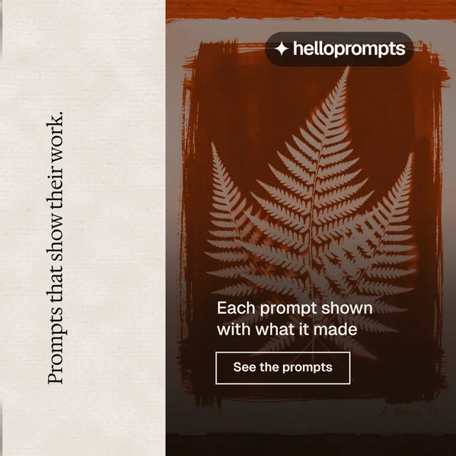 Instagram post for HelloPrompts: "Prompts that show their work." Editorial style, vertical layout, light palette in orange, grey.