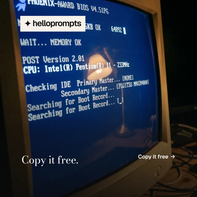 Instagram post for HelloPrompts: "Copy it free." Minimal luxury style, image led layout, dark palette in blue, black, grey.