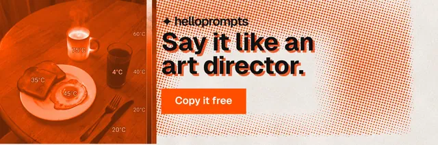 X header for HelloPrompts: "Say it like an art director." Retro print style, skeleton layout, light palette in orange, brown.
