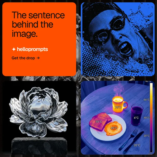 Instagram post for HelloPrompts: "The sentence behind the image." Agentic glass style, collage layout, dark palette in black, blue, red.