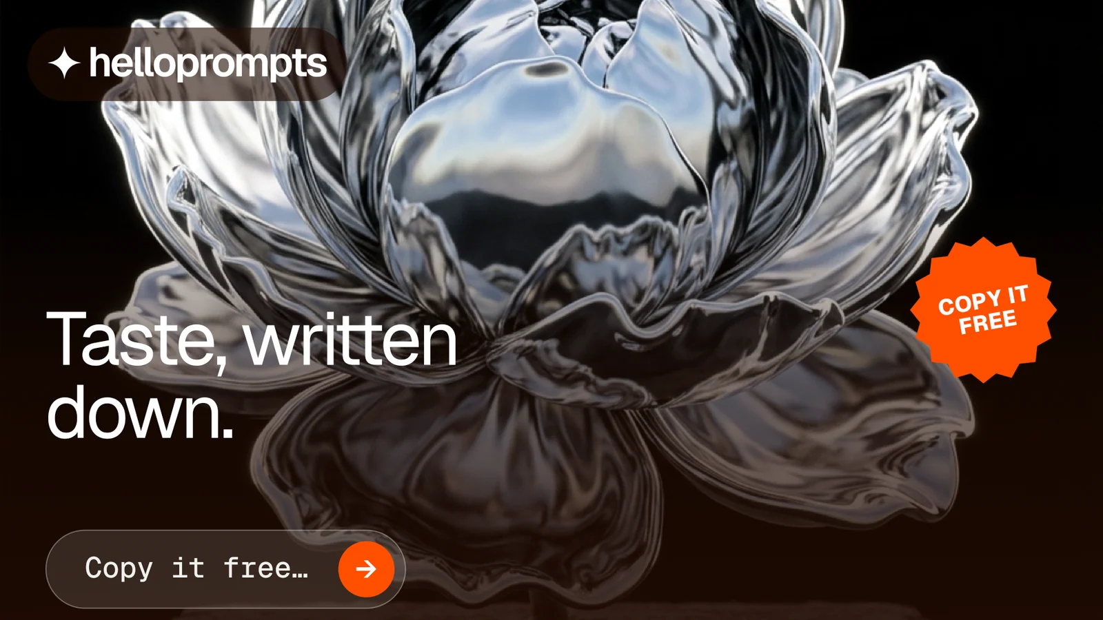 Landscape graphic for HelloPrompts: "Taste, written down." Agentic glass style, sticker layout, dark palette in grey, black, orange.