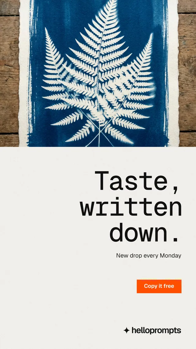 Instagram story for HelloPrompts: "Taste, written down." Swiss style, right layout, light palette in white, blue, grey.