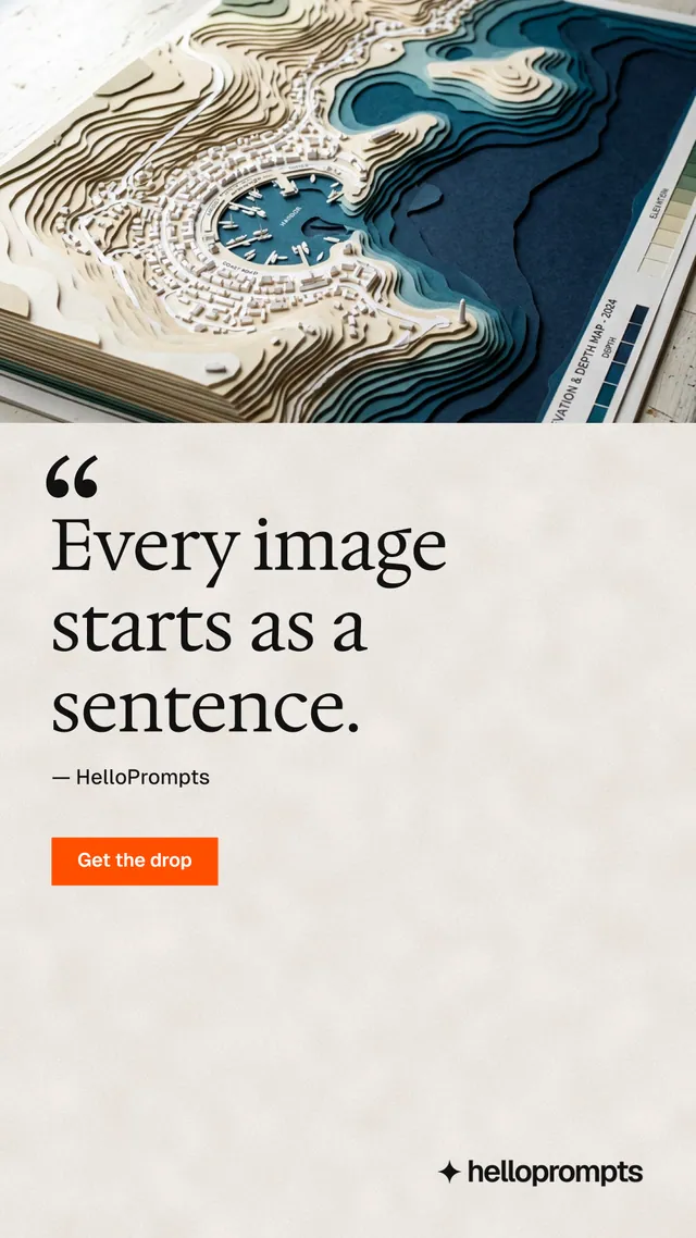 Instagram story for HelloPrompts: "The sentence behind the image." Swiss style, quote layout, light palette in orange, grey.