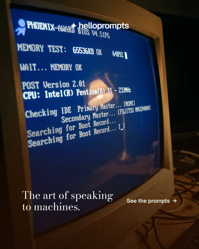 Instagram portrait post for HelloPrompts: "The art of speaking to machines." Minimal luxury style, image led layout, dark palette in black, blue, grey.
