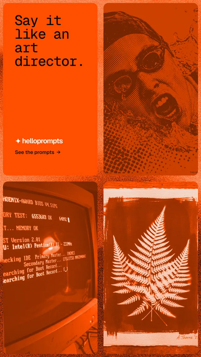 Instagram story for HelloPrompts: "Say it like an art director." Agentic glass style, collage layout, dark palette in orange.