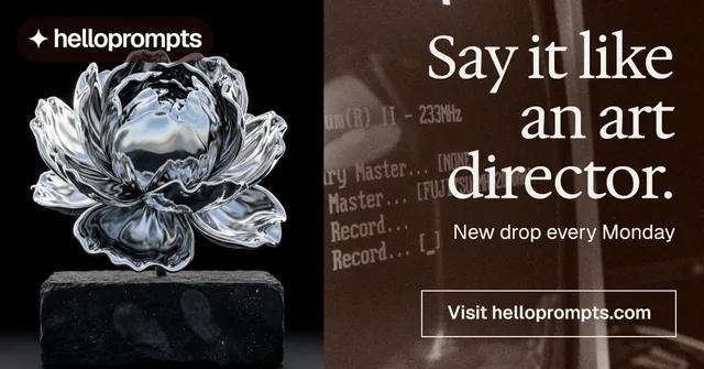 Social ad for HelloPrompts: "Say it like an art director." Editorial style, right layout, dark palette in black, grey, orange.