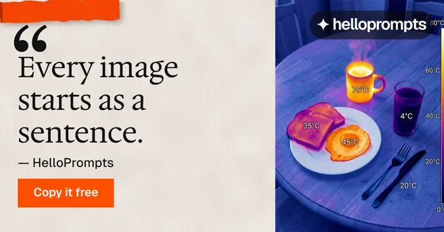 Social ad for HelloPrompts: "The sentence behind the image." Swiss style, quote layout, light palette in orange, purple, grey.