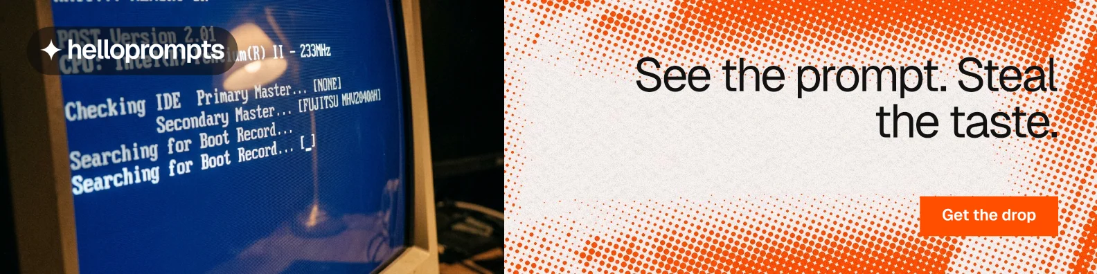 LinkedIn banner for HelloPrompts: "See the prompt. Steal the taste." Swiss style, right layout, light palette in blue, orange, red.